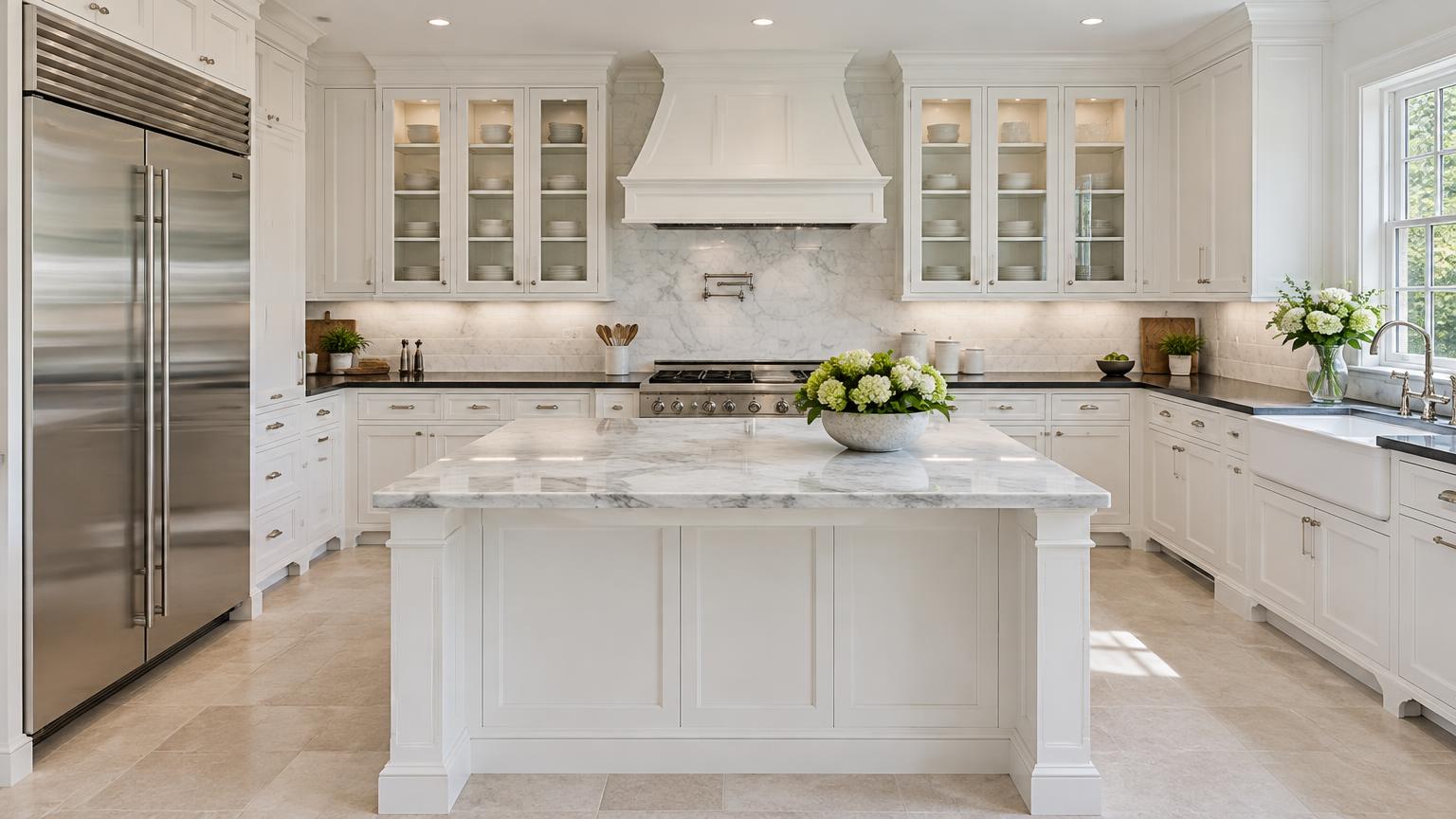 White kitchen with a built-in stainless steel refrigerator and marble island