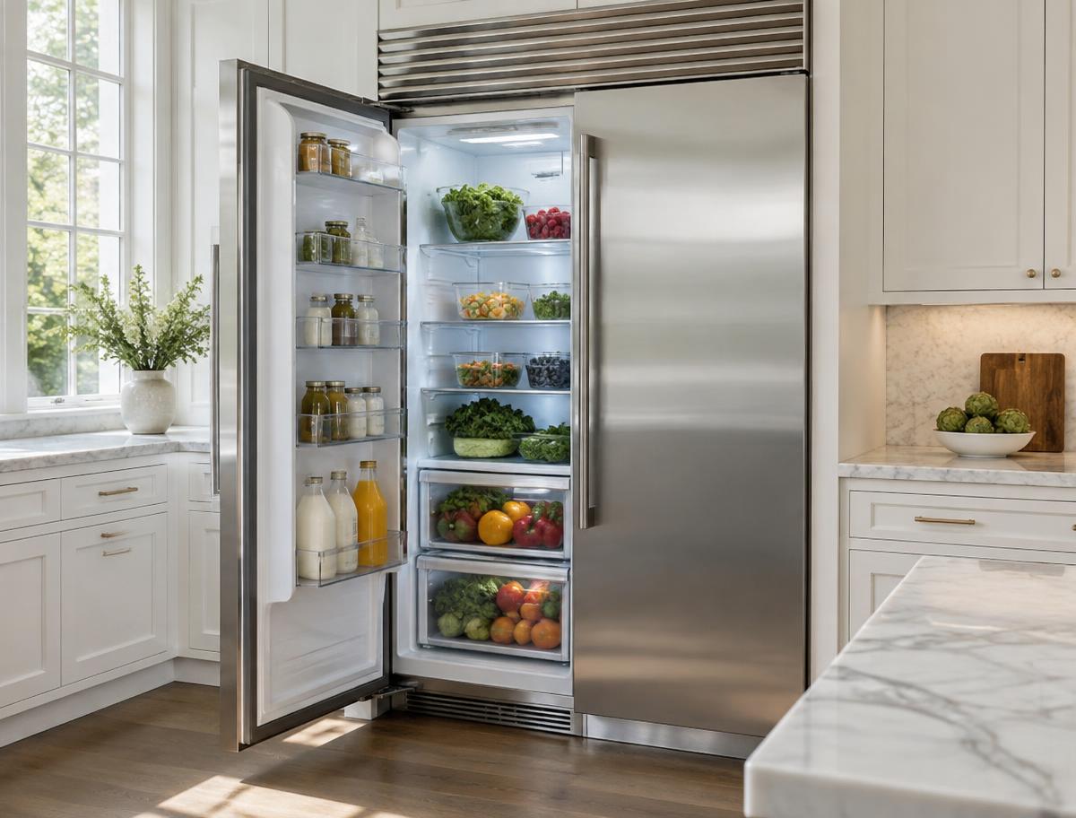 Built-in refrigerator in a bright residential kitchen